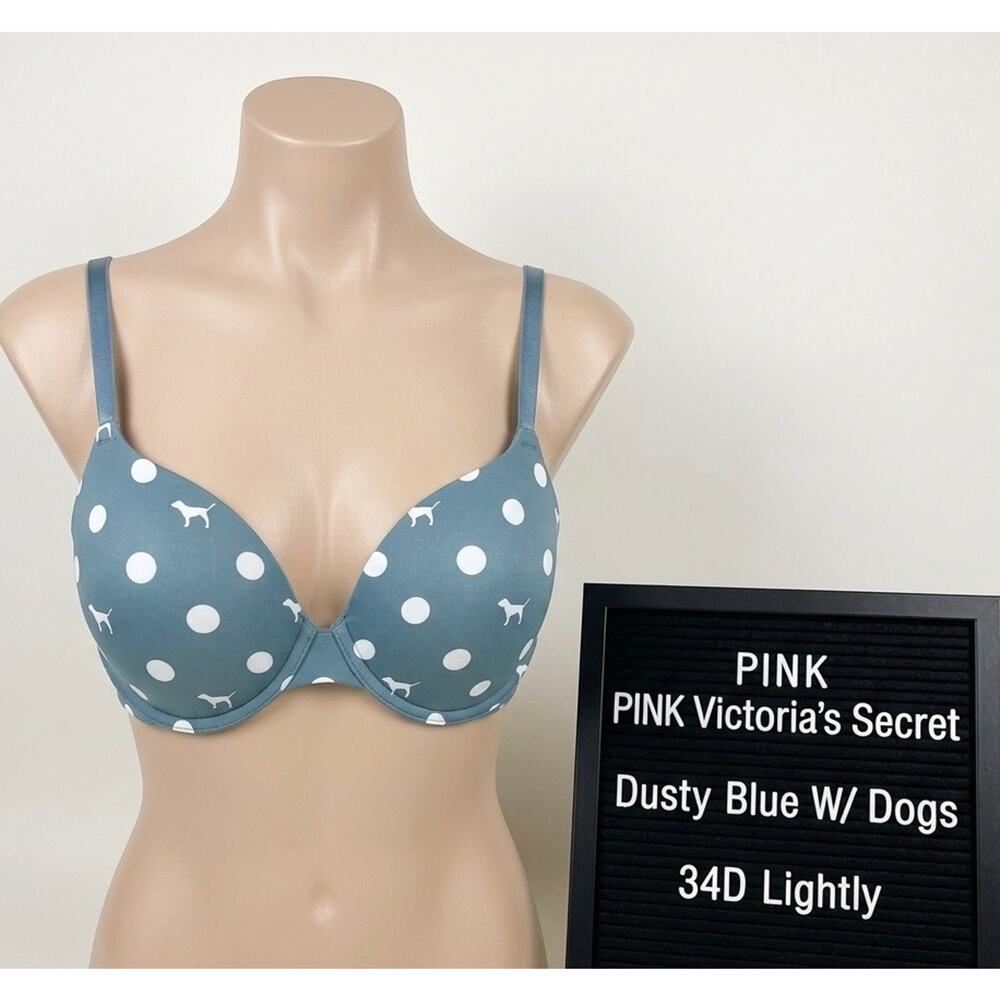 PINK Victoria's Secret 34D Bra Dusty Blue White Dogs Polka Dot T-Shirt
